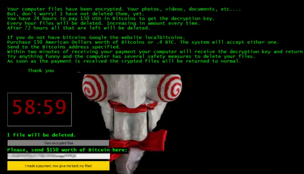 De pantalla STF-puzzle-ransomware-sierra-película de temática-cryptovirus-le-juego-a-juego-rescate-mensaje de alerta