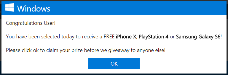 Scam Windows You have been selected today to receive a FREE iPhone X, PlayStation 4 or Samsung Galaxy S6!