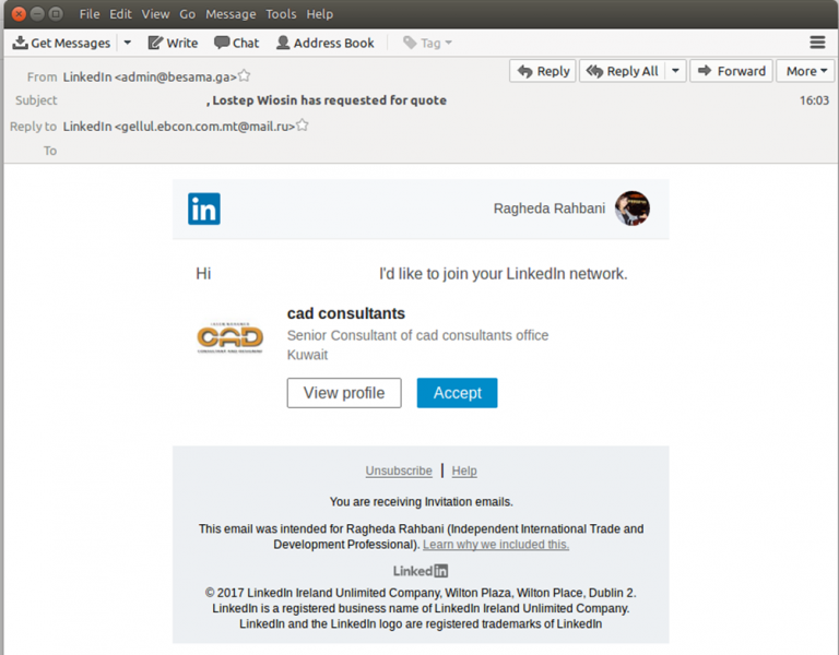 LinkedIn phishing scam email image
