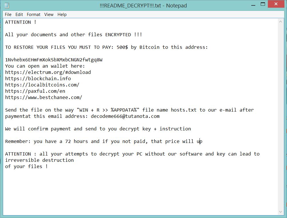 !!!README_DECRYPT!!!.txt ransom note .decodeme666@tutanota_com ransomware