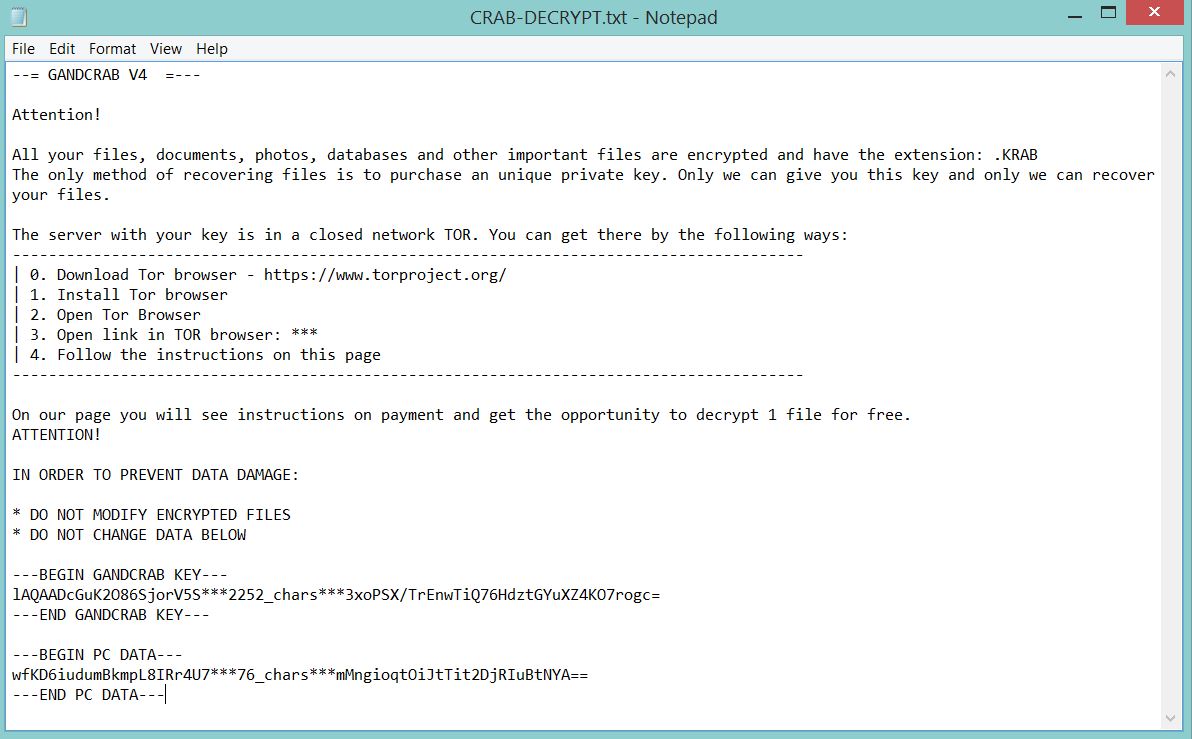 KRAB-DECRYPT.txt ransom note GANDCRAB V4 ransomware .KRAB virus sensorstechforum