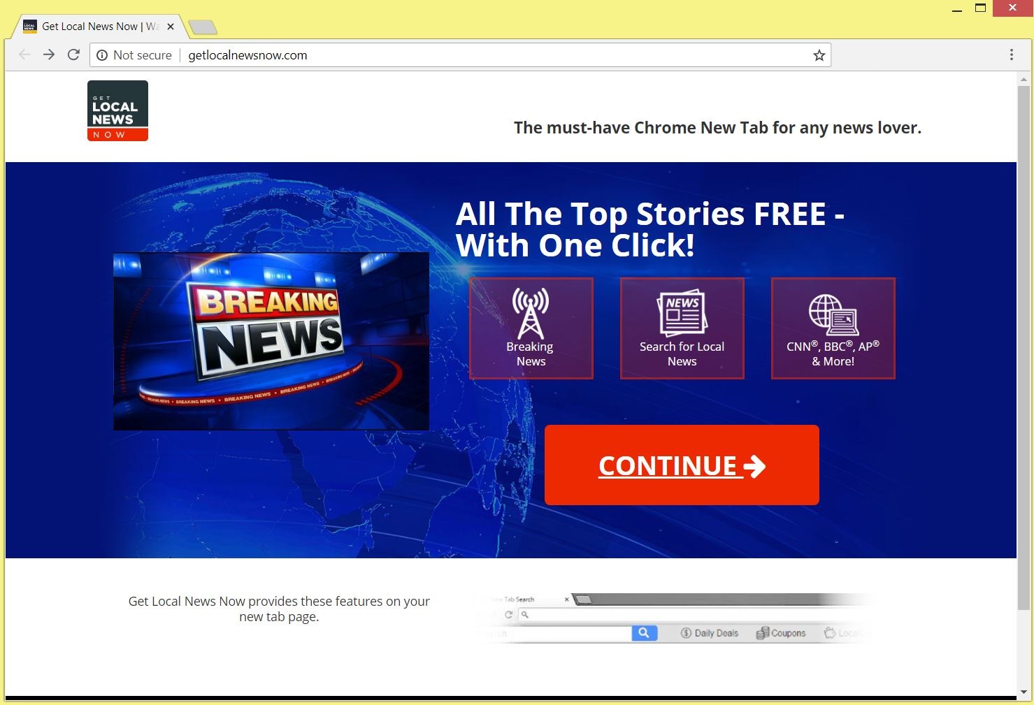 getlocalnewsnow.com website redirects to headlinealley extension download page