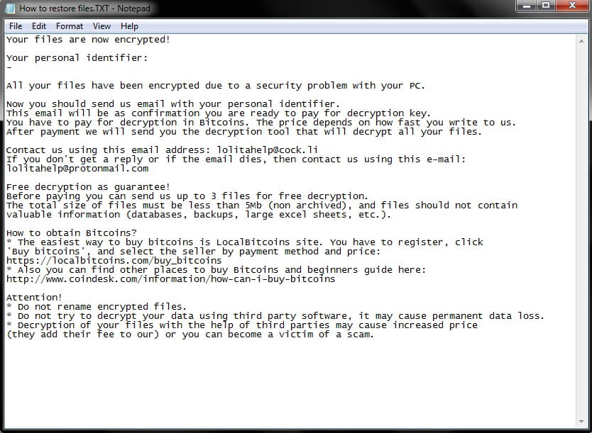 lolita files virus scarab ransomware ransom note notepad window