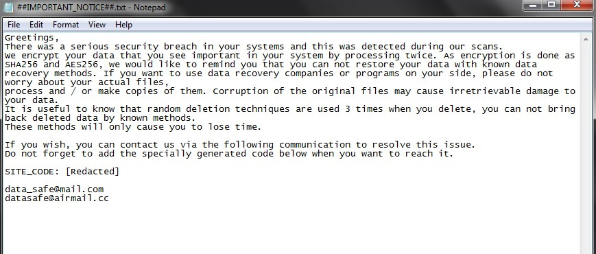 peosajwqfk ransomware virus IMPORTANT_NOTICE.txt notepad ransom note text