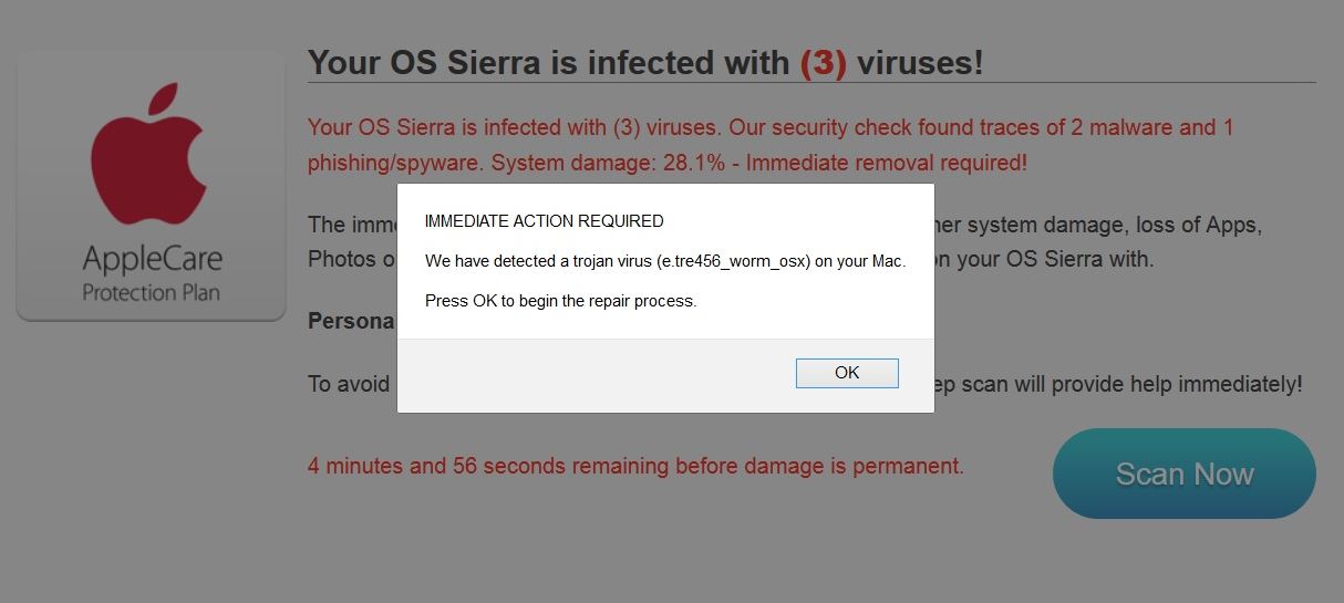 second message displayed by Your OS Sierra is infected with (3) viruses! scam sensorstechforum