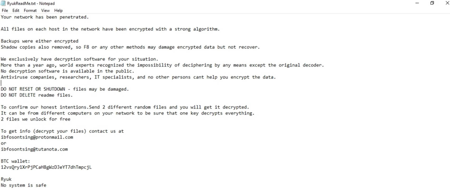 Ryuk ransomware virus RYK udvidelse løsesum notat besked