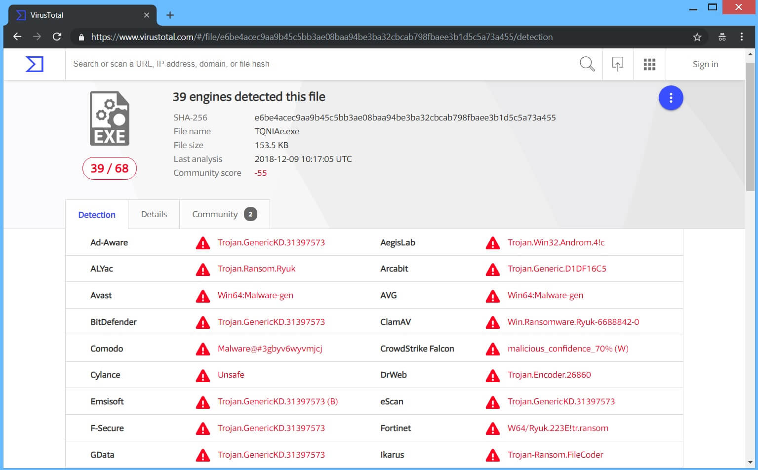 Ryuk ransomware virus RYK extensie VirusTotal detectiepagina