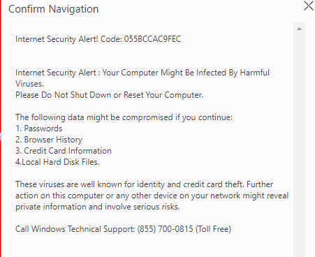 Internet Security Alert Codice 055BCCAC9FEC chiamare Microsoft suppot truffa tecnico