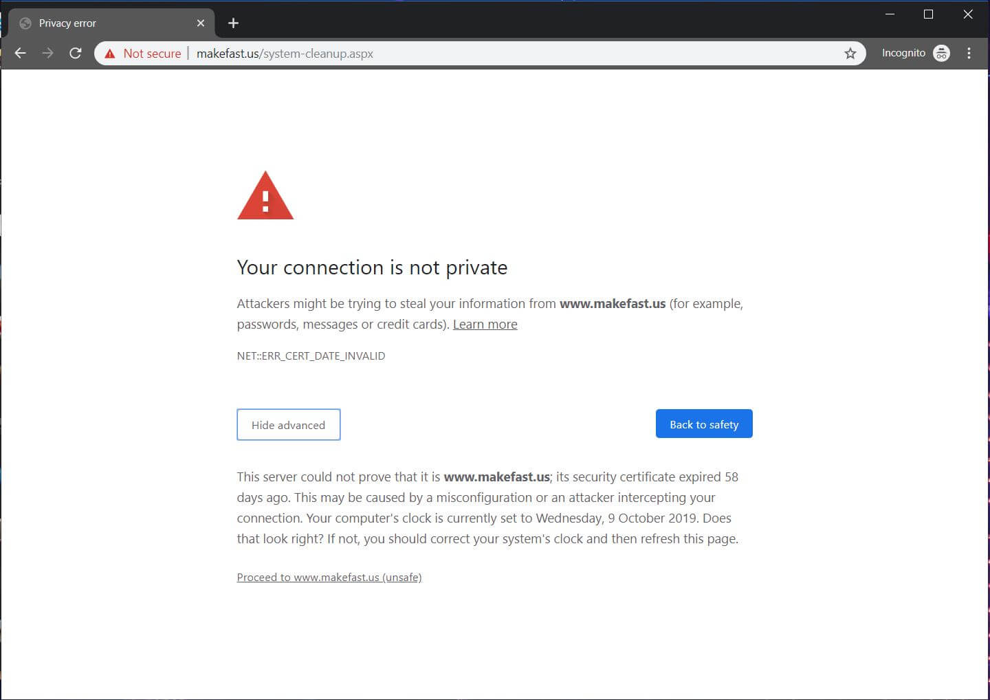 connection is not private chrome notification makefast system cleanup official website