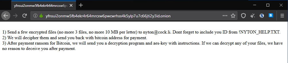 nyton virus ransomware tor payment address sensorstechforum