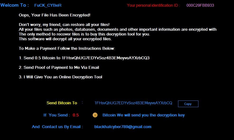 blackhatcyber789@gmail.com Virus ransom note
