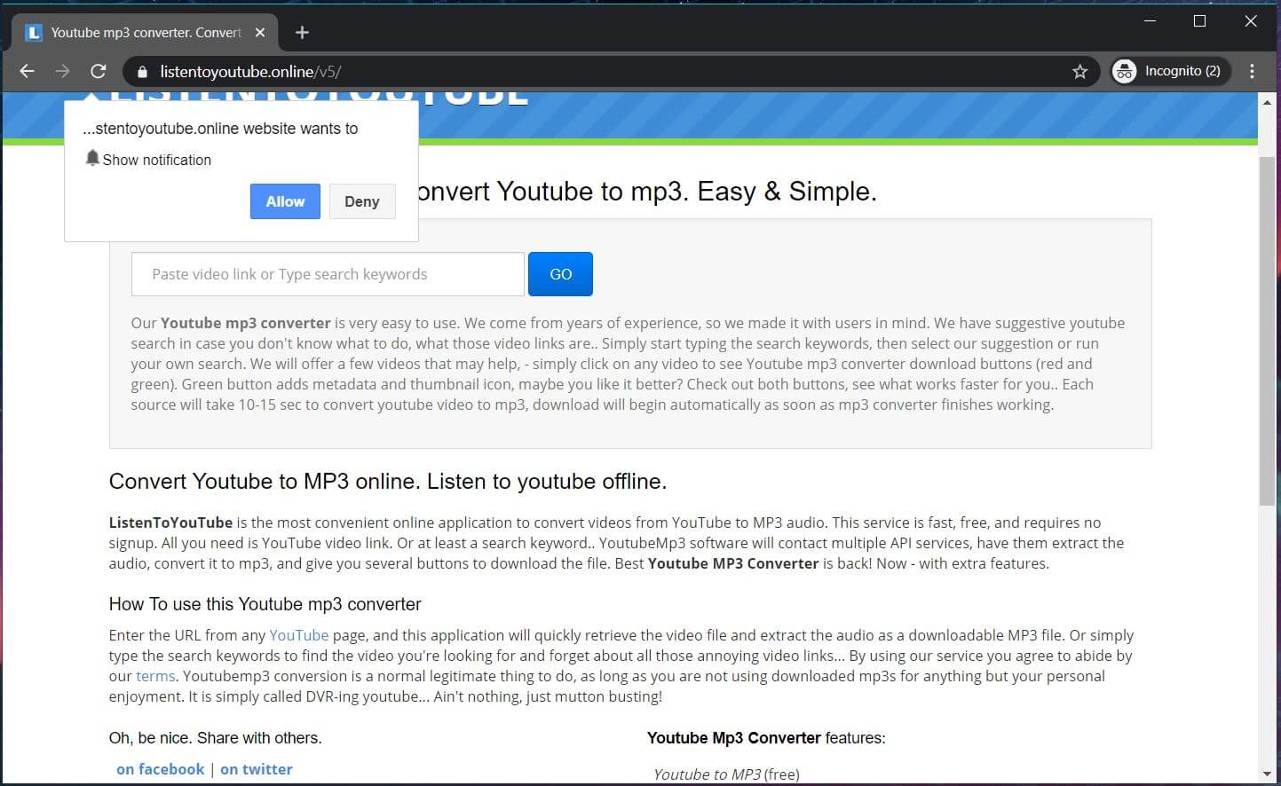remove Listentoyoutube.online browser redirect ads stf