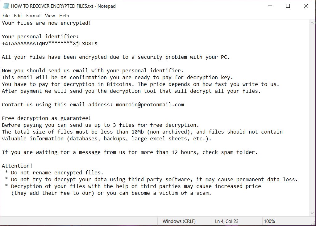 Moncrypt virus HOW TO RECOVER ENCRYPTED FILES.TXT ransom note
