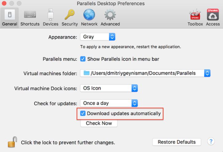 set parallels desktop to check for updated automatically