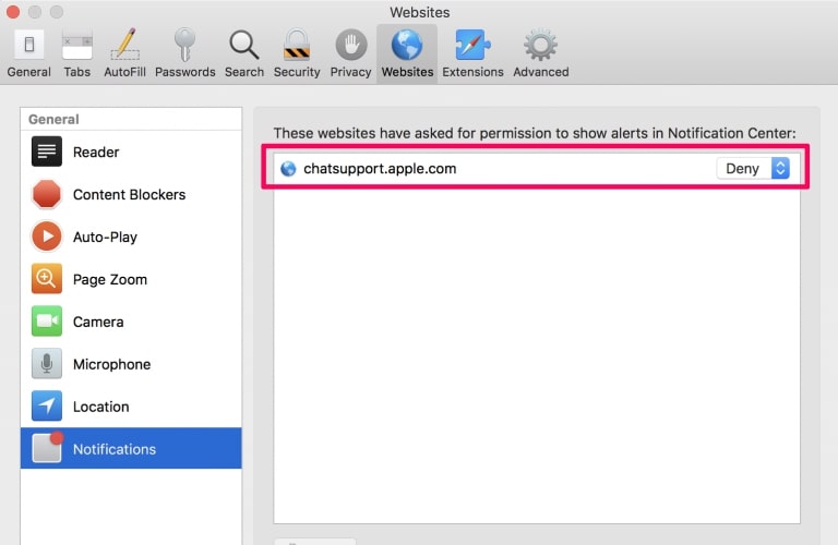 Safari Browser - Disable Push Notifications Step 1