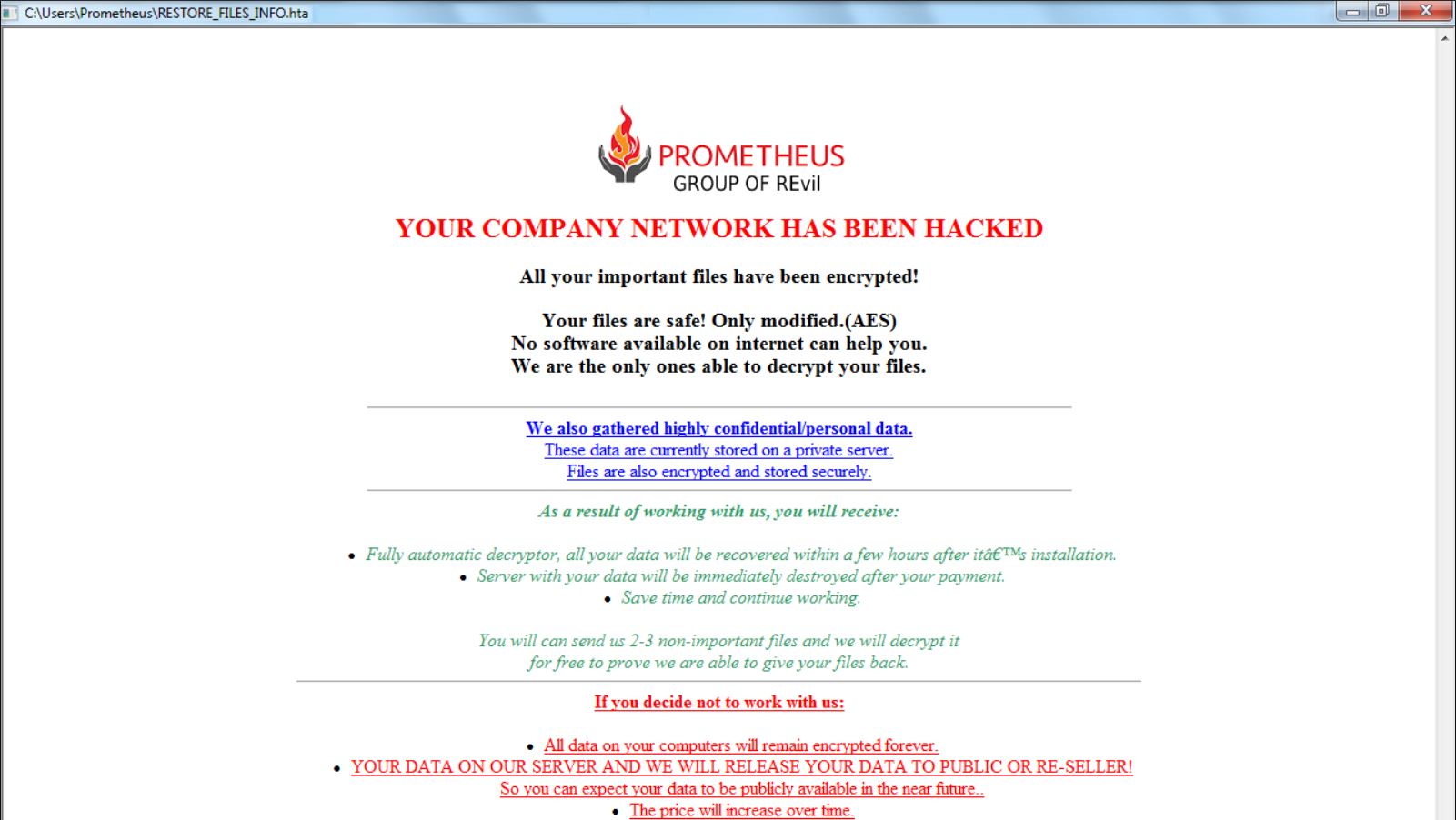 prometheus ransomware restore files info hta ransom note