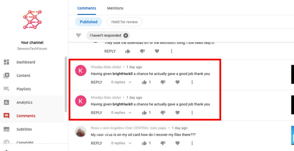 spam comments youtube