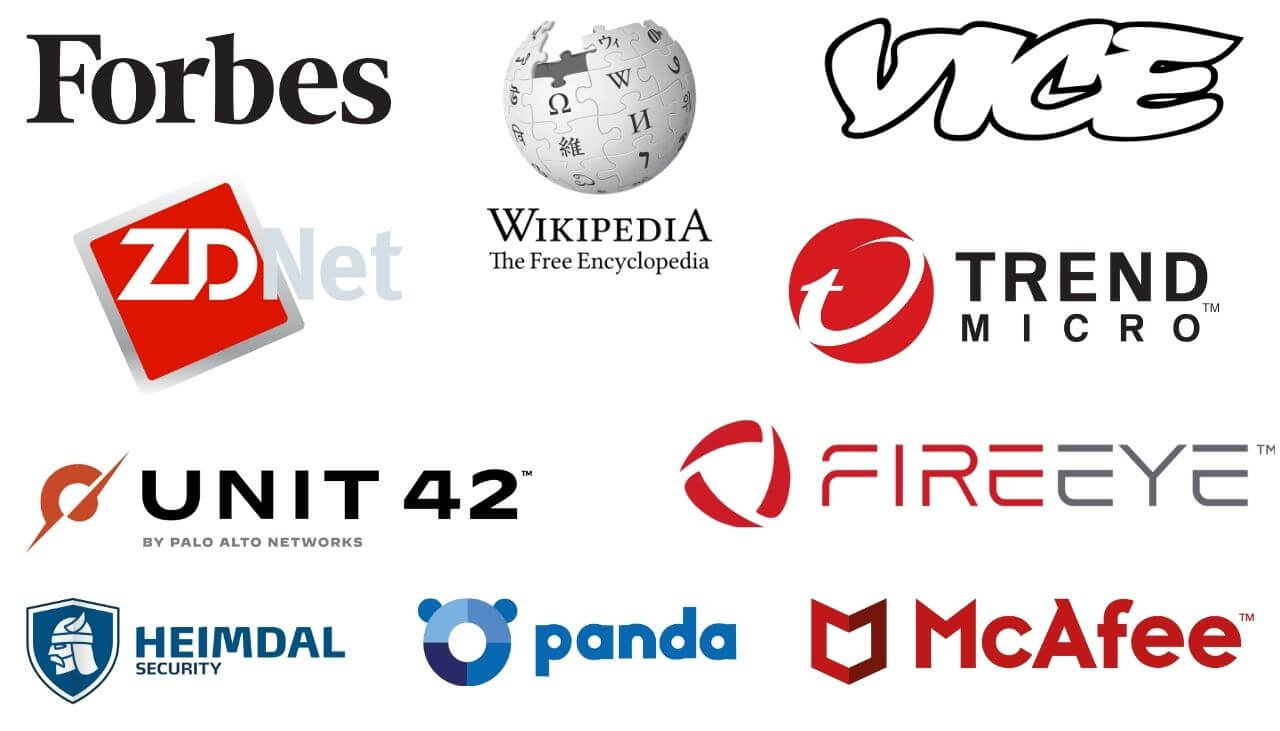 Palo Alto Unit 42, Trend Micro, FireEye, McAfee, Panda Security, Heimdal, Vice, Forbes, ZDNet, Digital Guardian, Security Intelligence, Infosecurity Institute, Wikipedia