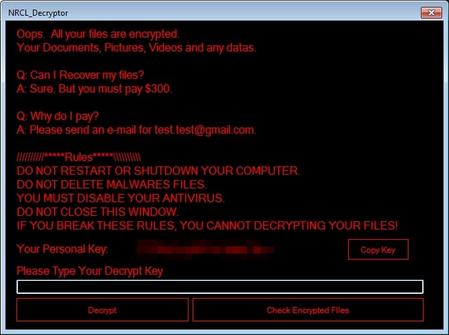 NRCL_Encryptor pop-up ransom note