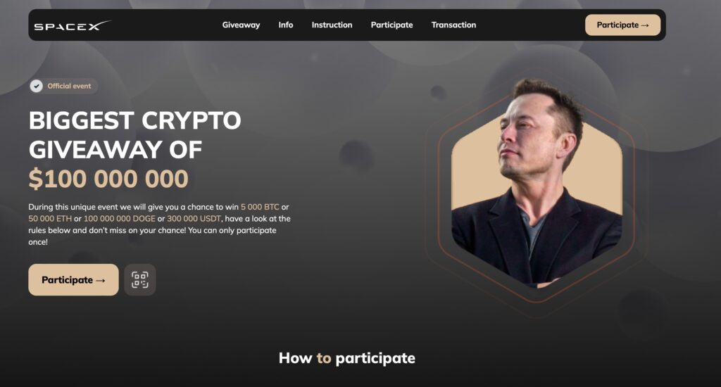 2xtesla.cc cryptocurrency giveaway scam homepage